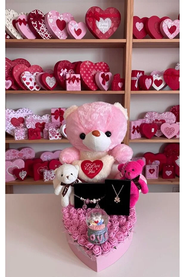 Sevgiliye arkadaşa hediye Büyük peluş 2 adet küçük peluş pandora bileklik yonca kolye kar küresi